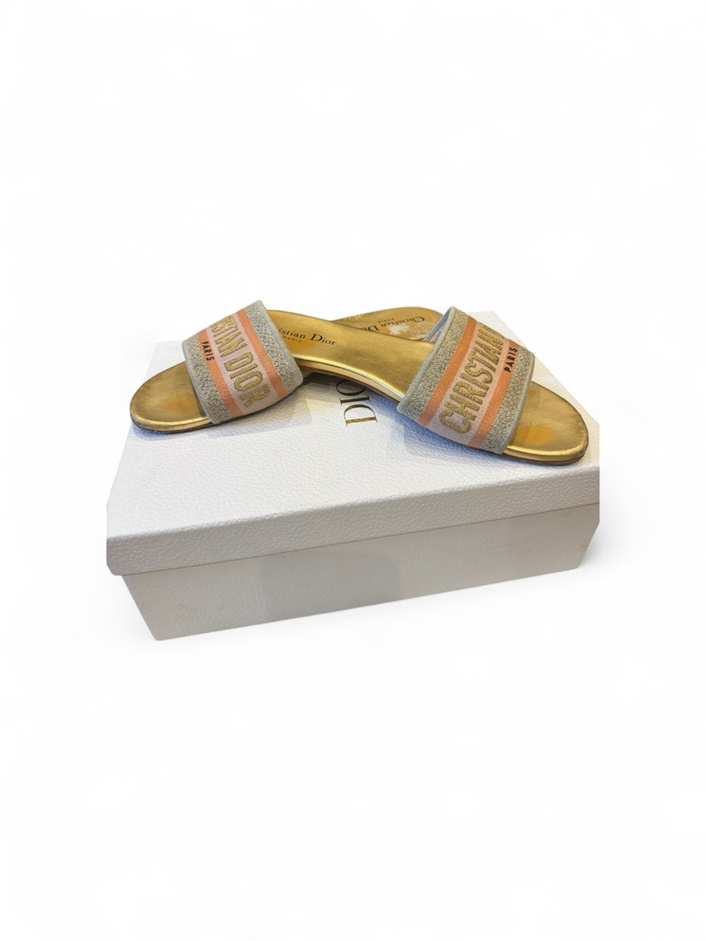 Dior Gold Slide Sandals with Beige and Coral Canvas Straps